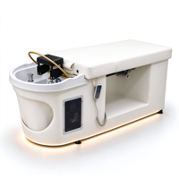 Lit de shampoing électrique en cuir PU blanc ivoire, inclinable, avec fonction vapeur, pour thérapie capillaire et massage, avec base LED, pour salon de coiffure, spa