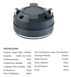 ลำโพงทวีตเตอร์ OEM ODM T34-1 ความไว 104dB แม่เหล็กเซรามิก กำลังขับต่อเนื่อง 60 วัตต์ เสียงสองทาง 6 โอห์ม - Product Image 4