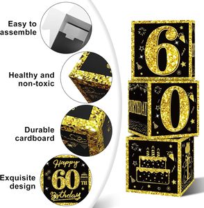 Cajas de Decoración para Cumpleaños Número 60 para Hombres y Mujeres, Cajas de Globos Negras y Doradas para Celebrar el 60.º Cumpleaños, Artículos para Fiestas, Decoración de Cajas de Cartón - Product Image 5