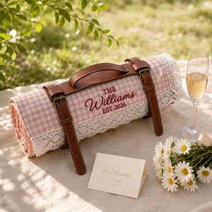 <b>Personalised</b> Modern Promotional Gingham Picnic Blanket Custom Name <b>Embroidery</b> Single Layer Soft Fabric Carry Strap White Lace - Product Image 1