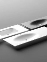 Ensemble de meuble-lavabo de salle de bain ovale monobloc thermoformé en dalle de pierre blanche classique avec support dissimulé sous le comptoir sur mesure