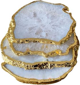 Posavasos de Ágata Blanca al por Mayor con Detalles <span class=keywords><strong>en</strong></span> Dorado, Posavasos de Ágata Natural con Dorado - Product Image 1