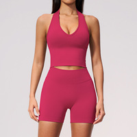 Ensemble de yoga 2 pièces sans couture pour femme 7725-11, tricoté, col halter, col en V, effet push-up, contrôle du ventre, tenue de sport pour la course