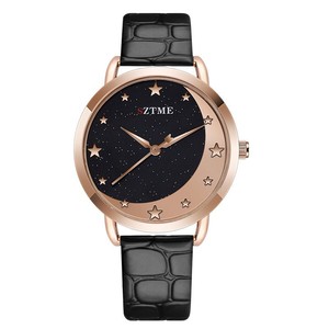 Montre pour femme en or rose, cadran ciel étoilé, bracelet en cuir gaufré croco bordeaux, montre-bracelet à quartz tendance - Product Image 4