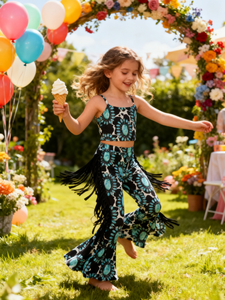 Pantalon cloche imprimé pour enfants, filles, bébés et tout-petits, écologique, séchage rapide, respirant, longueur intégrale, orné de bijoux, été-automne - Product Image 5
