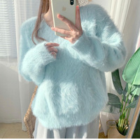 Japanischer Stil Entspannter Weicher Lässiger Pullover/Mantel Design Winter Neu Kunstnerz-Samt V-Ausschnitt Dicker Einfarbiger Strickpullover