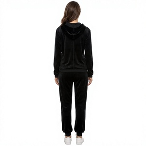 <b>Women's</b> <b>Black</b> 100% Cotton Solid Velour Autumn Tracksuit Set Hooded Zip-Up Front Logo <b>Jacket</b> and Sweatpants 2-Piece Outfit - Product Image 2