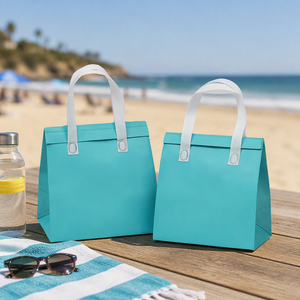 Sac fourre-tout non tissé Richer Turquoise avec poignées à patchs blancs, réutilisable pour les courses, usage commercial et de détail, personnalisation par sublimation - Product Image 5