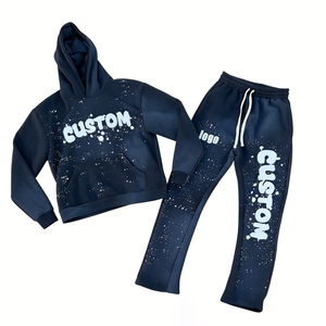 Factory Direct Mens Two Piece Knitted Terry Tracksuit Hoodie Flared <b>Pants</b> Set Autumn Warm Printed Sweatsuit Custom Logo - Product Image 1