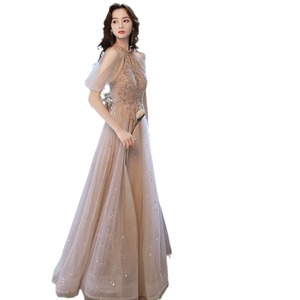 Champagne Pink Evening Gown Halter Empire A-Line With 3D Patterns For Banquets And Emcees - Product Image 5