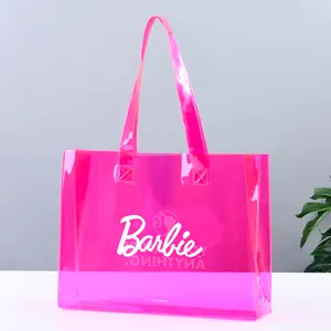 Bolsa de PVC de regalo transparente colorida personalizada, bolsa de asas de PVC de compras transparente con estampado de logotipo para su bolsa Rosa Barbie