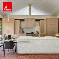 Armoires de cuisine Allandcabinet au design moderne avec portes en bois grainé du Brésil, en mélamine, avec îlot de cuisine ouvert et cuisinière à gaz