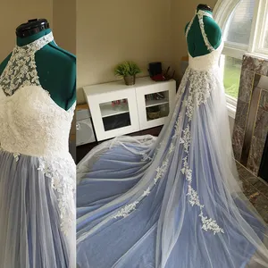 Gaun Tulle Ekor Besar Tanpa Lengan Punggung Terbuka Renda Antik Sederhana untuk Pernikahan Sipil Gaun Pengantin Biru dan Putih Kerajaan untuk Wanita