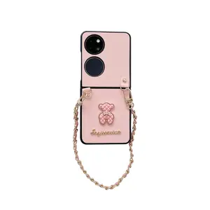 Untuk Huawei P50 Casing Ponsel Saku Kotak Harta Karun Kartun Tali Tangan Beruang Casing Ponsel Layar Lipat