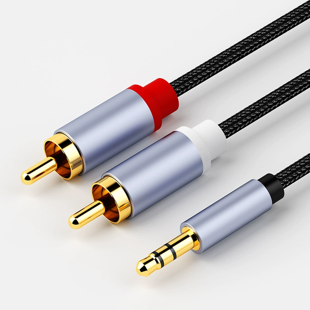 Custom 3.5mm Male to Dual RCA Stereo Audio Cable Black Nylon Braided Gold Plug Hi-Fi Sound Cord for Phone Amplifier Home Speaker