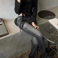 Jean vintage déchiré taille basse, pantalon en denim asymétrique style grunge, jean évasé noir mode coréenne, streetwear Kpop