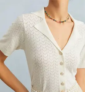 2024 Supplier Custom Slim Fit Short Sleeve Button Up Solid Color White V-neck Collared Pointelle Knit Top for Women
