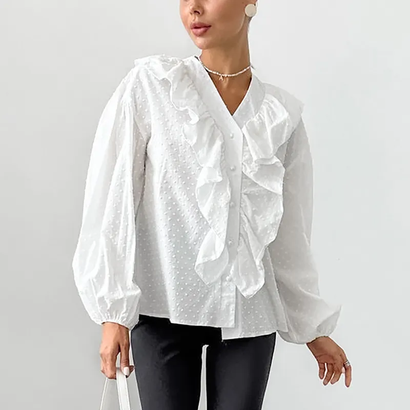 Blusas vintage personalizadas OEM, camisas de manga curta com gola V de camada dupla para mulheres/
