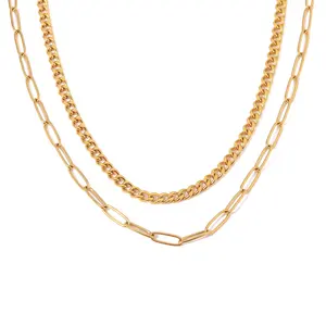 Minimalist 2 Layer Link Cuban Chain Retro18K Real Gold Plated Stainless Steel Chain Necklace