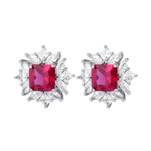 Fashion Jewelry Eco-friendly Brass Silver Plated Princess Square Cut 8*8mm Pink Zircon Cheap <b>Earrings</b> for Women Wholesale - Product Image 1