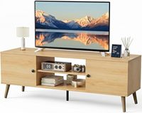 Console multimédia avec 2 portes, rangement ouvert, étagère réglable sur 3 niveaux, finition bois clair