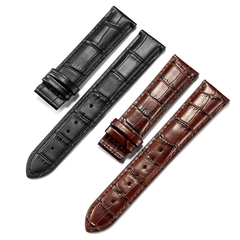 Bracelet de montre en cuir véritable Crocodile, boucle papillon, en acier inoxydable, cuir véritable, noir, marron, bonne qualité, 1 pièce