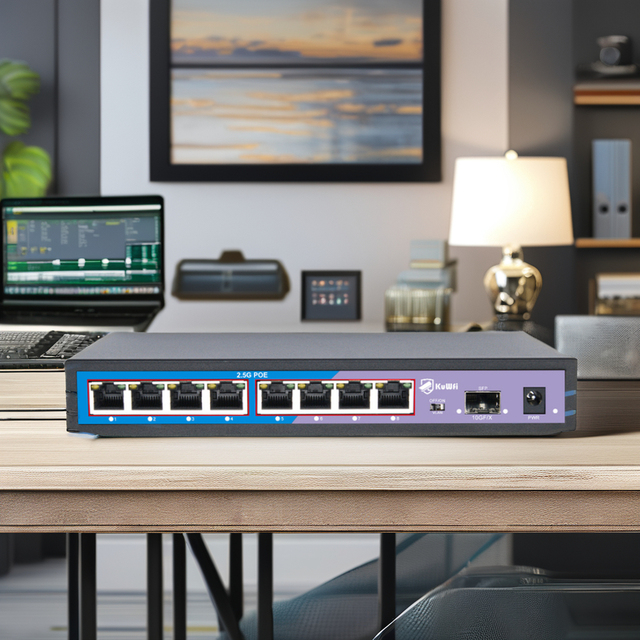 KuWFi Unmanaged POE Switch 2.5G Port 8-Port Mini POE Ethernet 10G Uplink SFP VLAN Function 100m WiFi Distance Metal Material