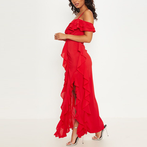 2020 Sexy Red <strong>Cold</strong> <strong>Shoulder</strong> Spaghetti Strap Ruffle Split Party <strong>Maxi</strong> <strong>Dress</strong> Women - Product Image 3