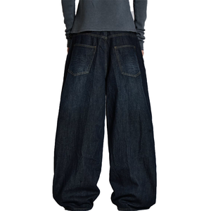 Vaqueros de mezclilla de hombre de diseño vintage personalizado con efecto arrugado, de pierna ancha, lavado oscuro, cintura alta, holgados, estilo casual hip hop - Product Image 5