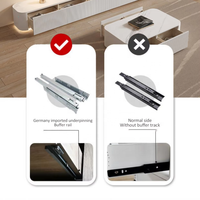 Meuble TV flottant minimaliste crème 2026 avec table basse, armoire texturée côtelée, éclairage LED et tiroir de rangement pour salon