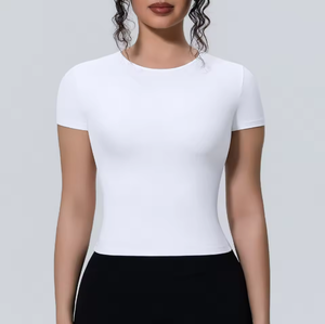 Haut de yoga sans couture à manches courtes et col rond pour femme, couleur unie, rose, en coton et élasthanne, coupe régulière - Product Image 2
