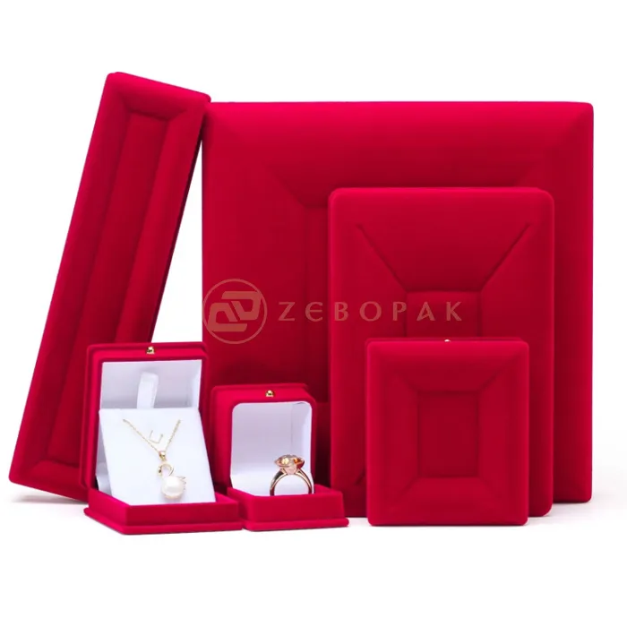 Zebo personalizado moda terciopelo rojo flocado collar caja Premium lujo joyería flocado caja para anillo brazalete joya colgante