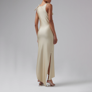 Tùy chỉnh satin vải không tay ăn mặc thanh lịch dài Evening Gown draped thiết kế hoa embellishments <span class=keywords><strong>Side</strong></span> Slit Casual Dresses - Product Image 3