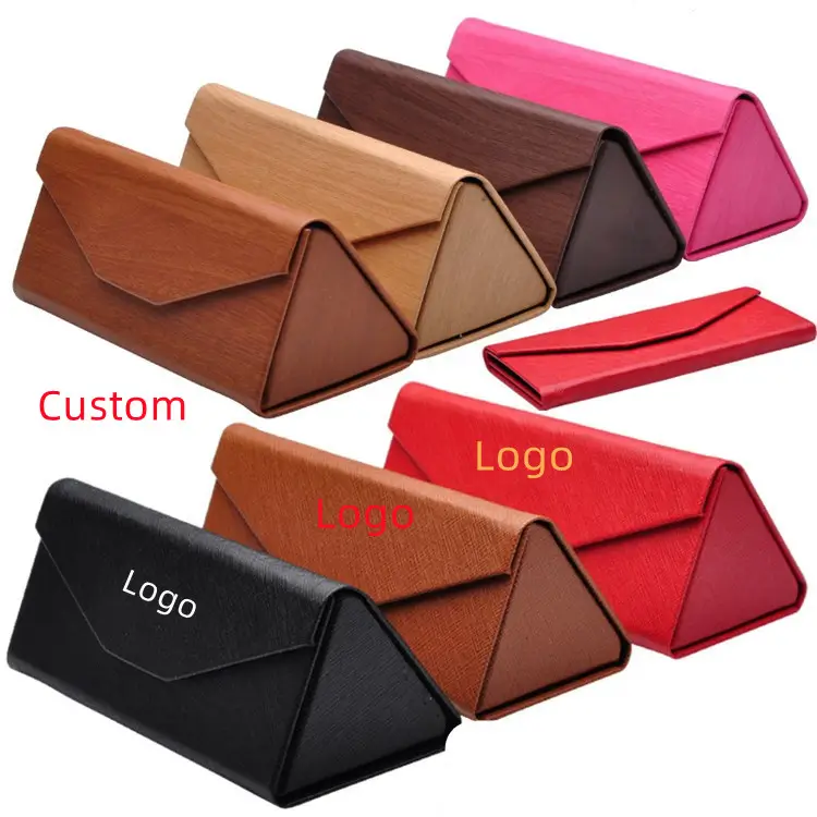 2022 Wholesale Price PU Portable folding Triangular Cases handmade leather custom logo print foldable sunglasses case packaging