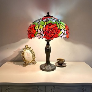 Longhuijing Tiffany Style Table Lamp 16 Inch High Stained Glass Rose Red Lampshade 2E27 Antique Reading <b>Lighting</b> Resin Base - Product Image 1
