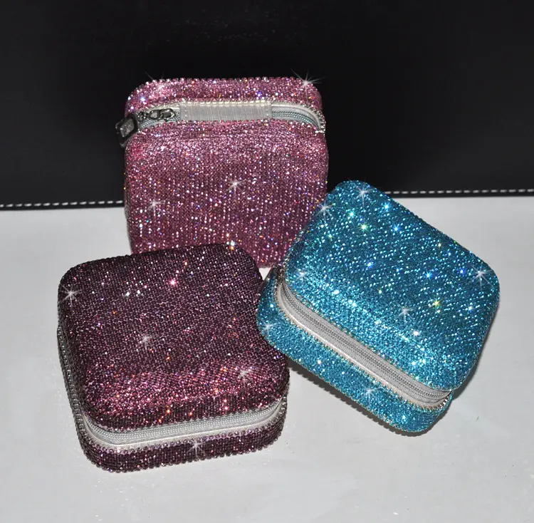 Custom Handmade Criativo moda decorativa colorido bling diamante mini brinco anel armazenamento pequeno pu couro jóias caixa