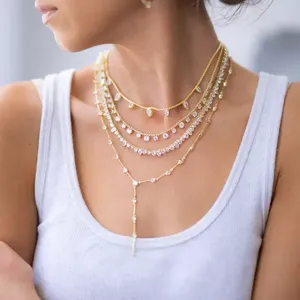 Gargantilla de Cadena con Eslabones Redondos y Pequeños Circonitas Cúbicas, Estilo Lariat Largo en Y, Joyería Delicada de Latón para Mujer, Ideal para Regalo - Product Image 3