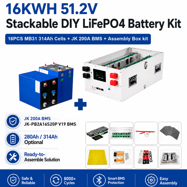 Romania EU Stock Stackable 16kWh 51.2V DIY LiFePO4 Battery Kit 16pcs MB31 314Ah Cells 16S Box JK BMS for Solar Storage