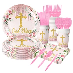 God bless Gad bless tema <span class=keywords><strong>bautizo</strong></span> fiesta decoración Cruz plato de papel servilleta de papel taza de papel mantel servilleta conjunto - Product Image 1