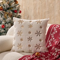 Housse de coussin et taie d'oreiller décorative de Noël en peluche carrée avec broderie de flocons de neige et de paillettes dorées