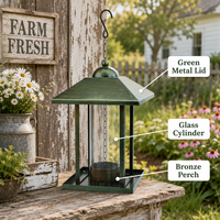Mangeoire à oiseaux carrée avec tube à graines transparent en plastique/PVC, base à chaîne pour suspension au toit, plateau, décoration extérieure pour jardin et cour, style antique