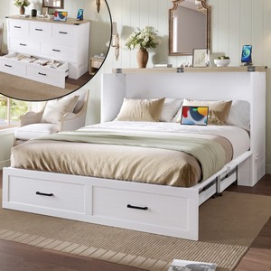 Modern Soft <b>Bed</b> <b>Queen</b> <b>Size</b> Murphy <b>Bed</b> Cabinet with Charging Station and Storage Drawer - Product Image 1