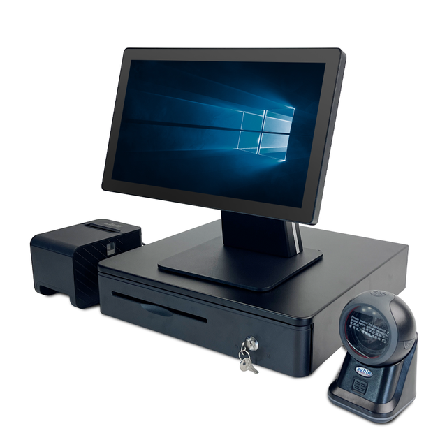 Black Business Style Touch Screen Cashier Machine with POS System Scanner and Printer Compatibility Money Box and Metal Base