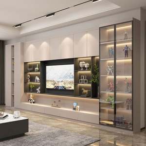 Meuble TV mural moderne de luxe en bois, support flottant avec LED pour centre de divertissement à domicile dans le salon - Product Image 1