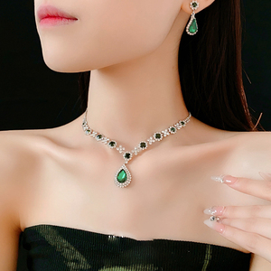Kalung dua potong Vintage gaya Eropa, Set perhiasan desain baru mode berlian bertatahkan anting-anting menjuntai perhiasan - Product Image 3