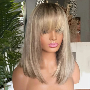 Parrucca Bob Corta Biondo Cenere con Capelli Europei, Frontale in Pizzo Trasparente, con Capelli Vergini Grezzi, Senza Colla, con Frangia Dritta - Product Image 3