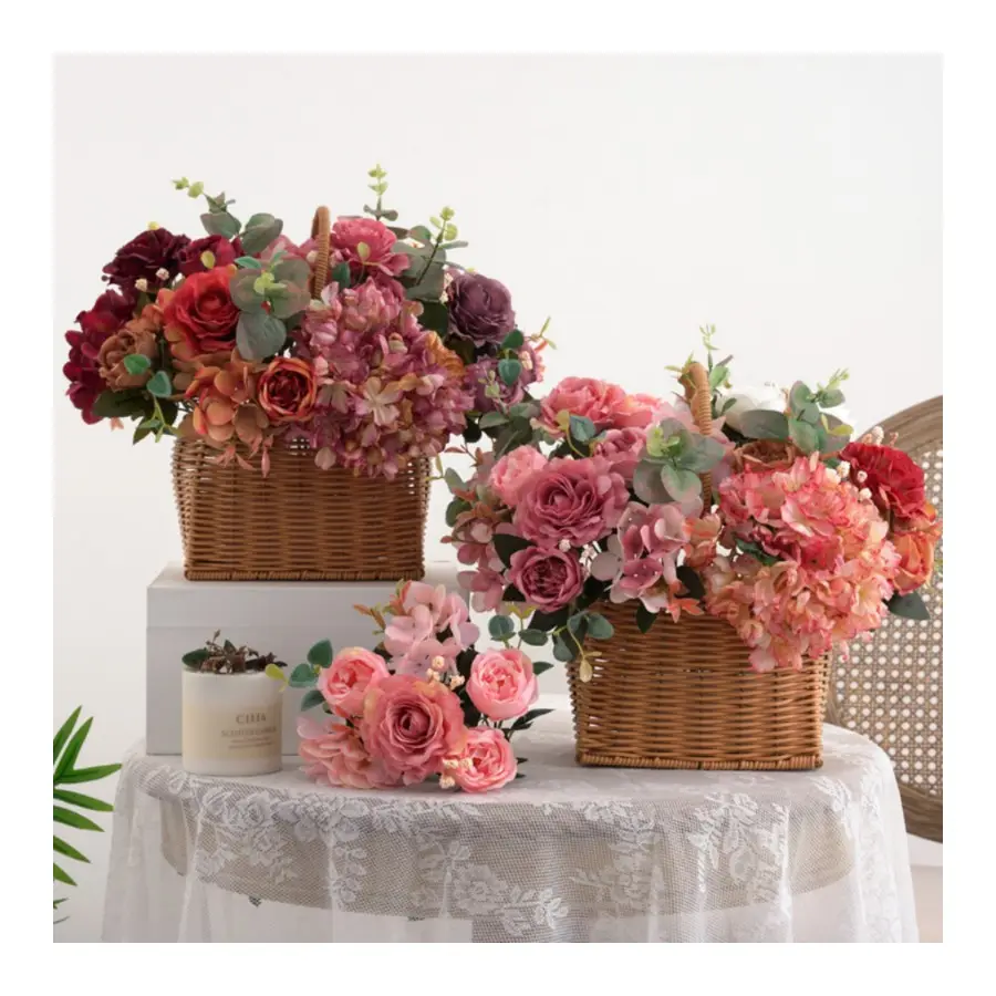 कृत्रिम फूल घर सजावटी शादी सेंटरपीस रेशम हाइड्रेंगसिया ट्यूब लिली ऑर्किड वास्तविक स्पर्श गुलाब मटर कृत्रिम फूल