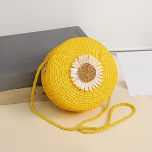 Bolsa Transversal de Palha Redonda Estilo Boêmio para Meninas, com Design Geométrico Aberto, Ideal para Férias na Praia – Atacado - Product Image 2