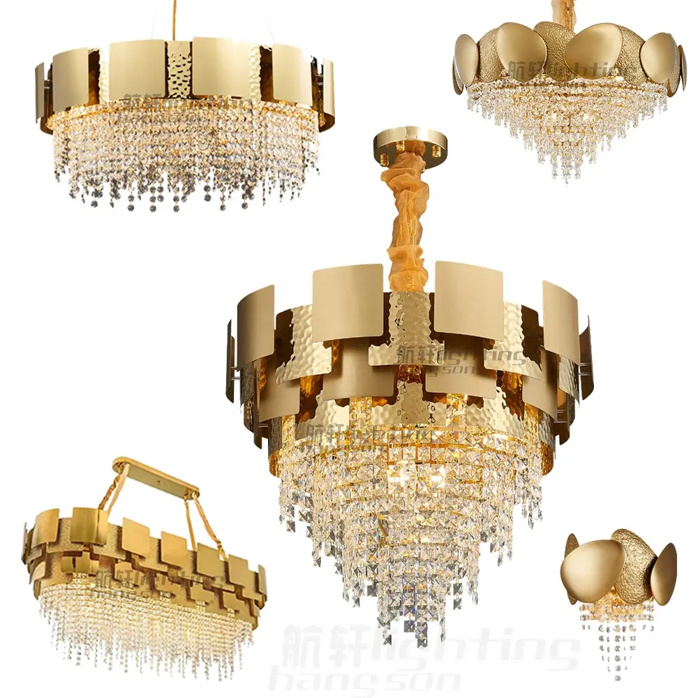 Đương Đại Lớn Trang Trí Vàng Sang Trọng Ánh Sáng Đạc K9 Crystal Pendant Lights Đèn Chùm Thép Và Đèn