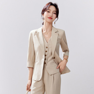 Women's Linen Three Quarter Sleeve Blazer Suit Set Lightweight Breathable Elegant Business Commute Interview Style - Product Image 4